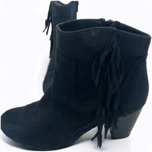 Wmns Black Heeled Ankle Bootie Tassels Sz 7 Chinese Laundry Faux Suede Mid Heel